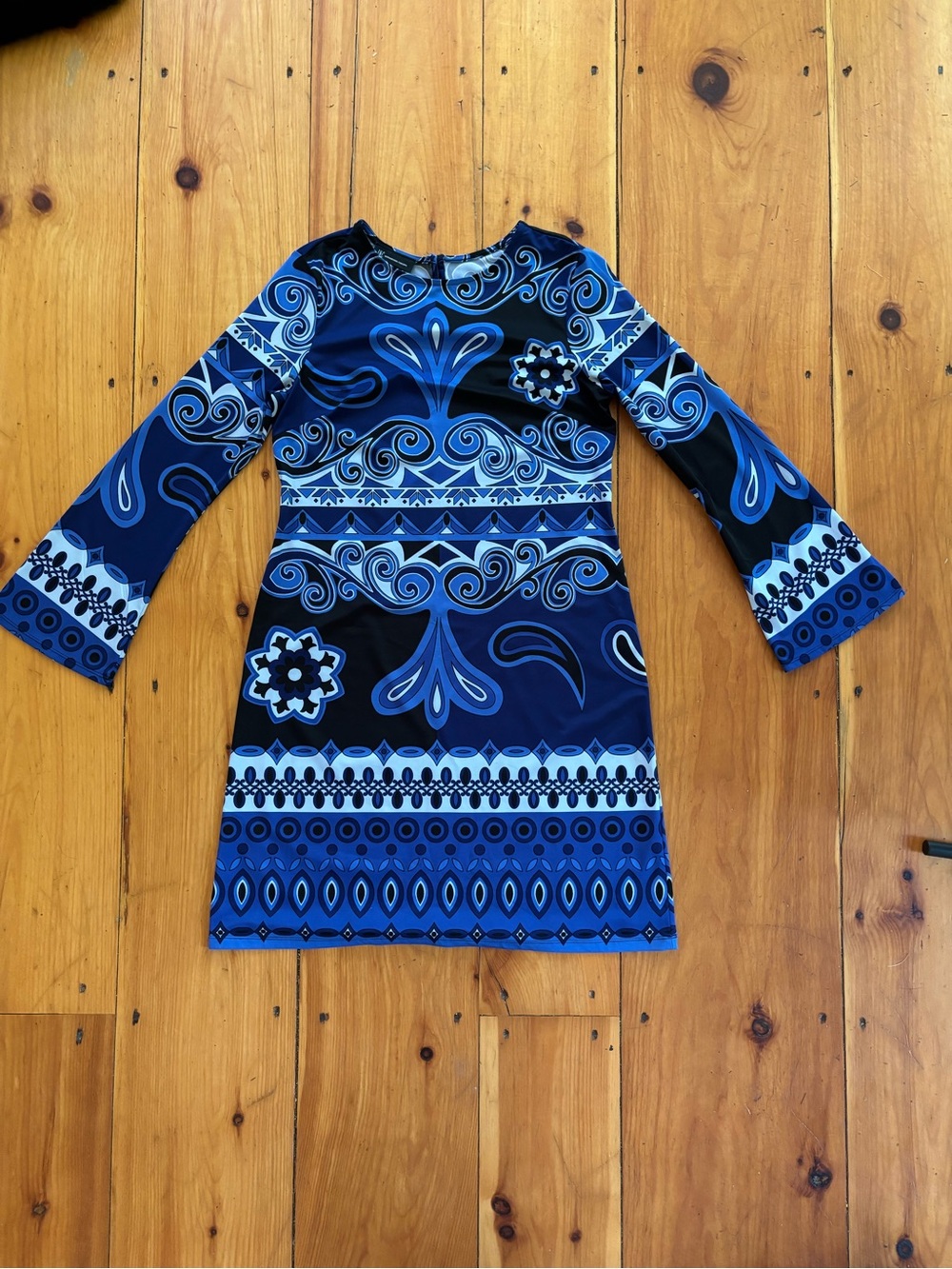 INC Blue Retro Paisley Bell Sleeve Shift Dress M